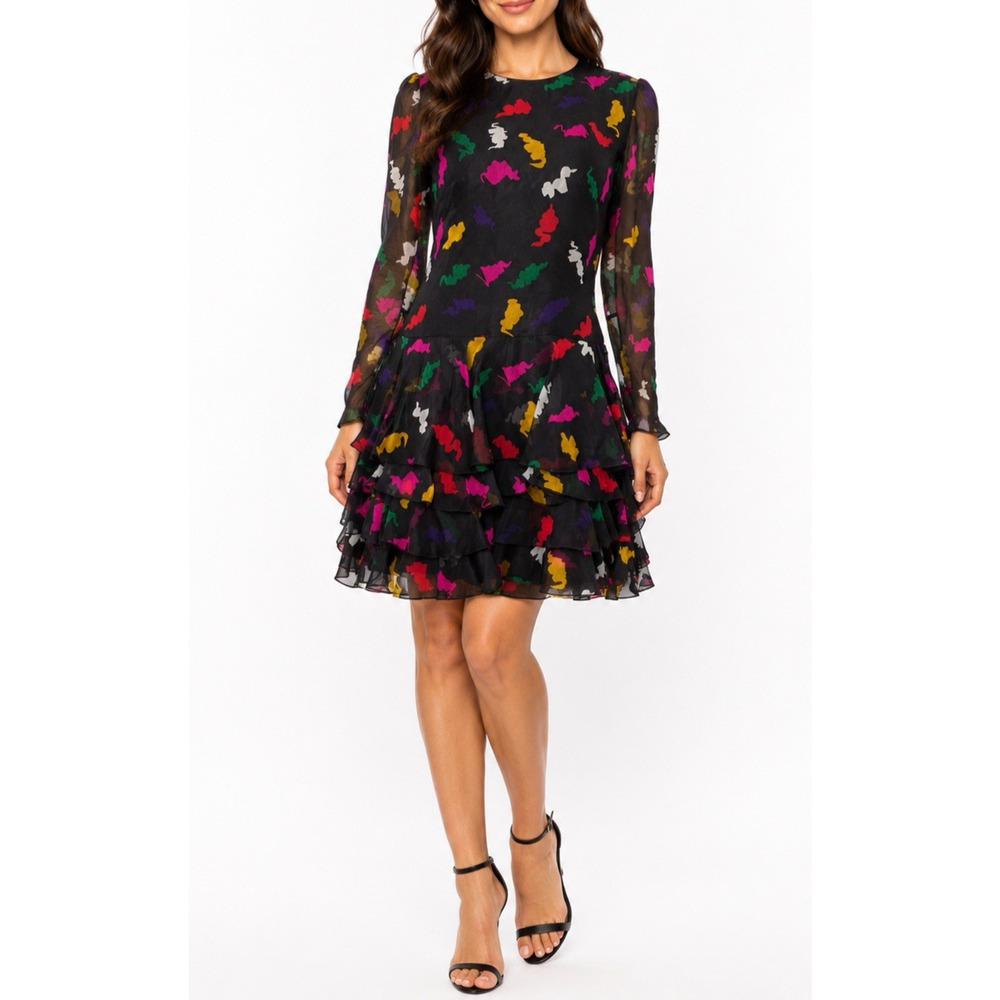 Vintage David Hayes Dress Silk Black Multi Tiered Chiffon Long Sleeve Mini 10 M